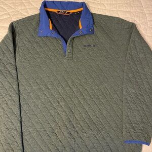 Orvis Quilted Pullover Shirt in Olive with Blue and Orange Trim